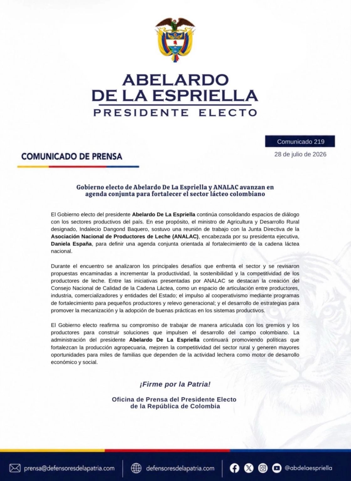Carta del Comunicado de prensa N.º 219 de la Oficina de Prensa del Presidente Electo de la República, del 28 de julio de 2026, sobre la agenda conjunta del gobierno electo y ANALAC para el sector lácteo.