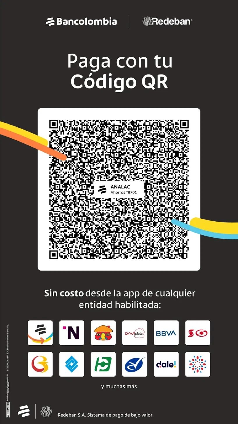 Código QR de Bancolombia y Redeban para pagar a ANALAC, cuenta de ahorros terminada en 9701